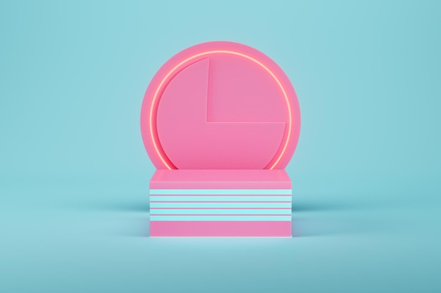 Pink pedestal with cylinder shape geometry and neon light on light blue background for product display