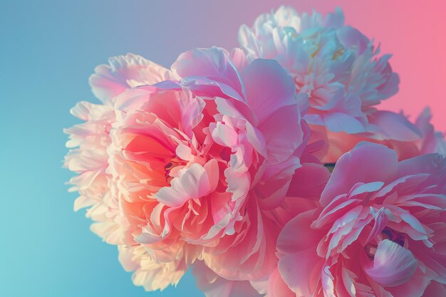 Pink Peonies Blooming Against Blue and Pink Gradient Background