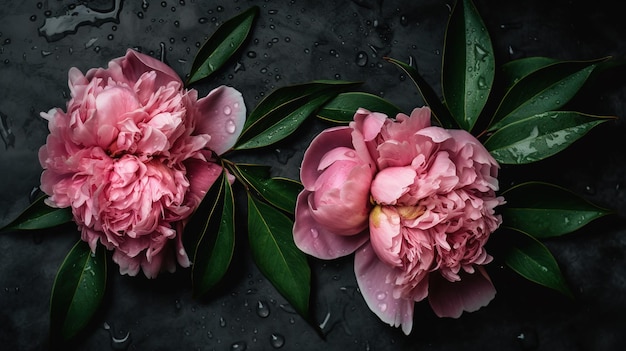 Pink Peonies on a Dark Background Flat Lay Generative AI