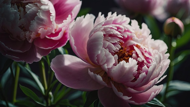 Pink peonies flower bloom on white Summer time romantic concept