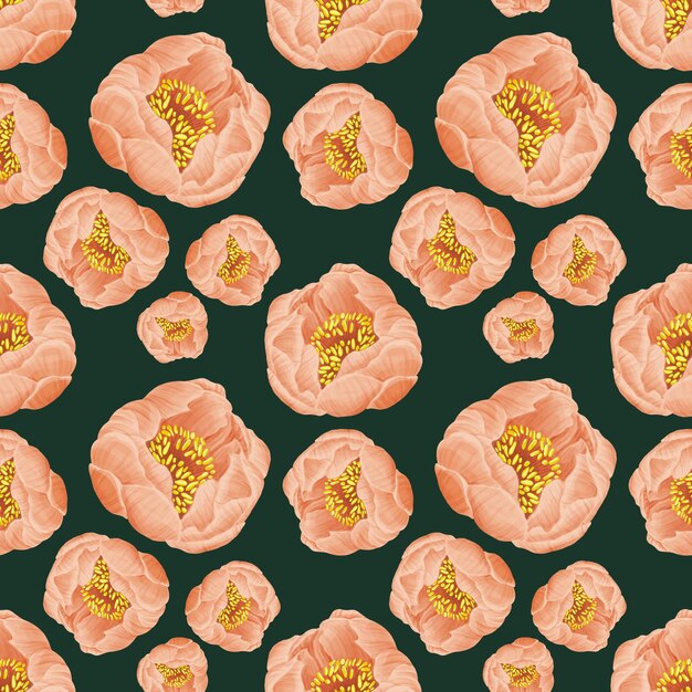 Pink peonies Flower buds on dark green Seamless pattern Illustration for wrapping covering wallpaper