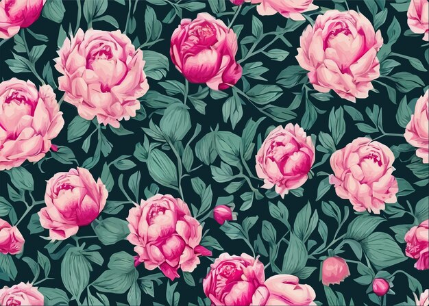 Pink peonies flowers and leaves floral seamless pattern spring summer