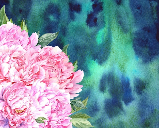 Photo pink peonies hand drawn on a watercolor background