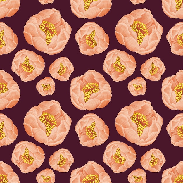 Pink peonies simple pattern. Buds on burgundy background. Illustration for wrapping, covering, wallpaper, textile.