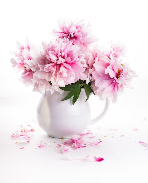 Pink peonies in vase isolated on white