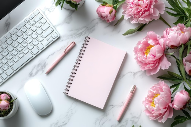 Photo pink peony floral flat lay office setup