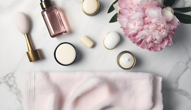 A pink peony flower is on a table next to a bottle of perfume.