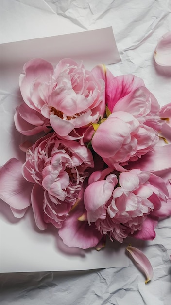 Pink peony flower petals on white paper