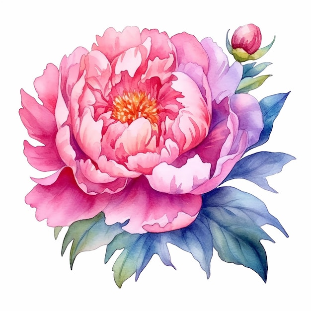 A pink peony flower with leaves and flowers.