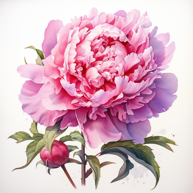 A pink peony is shown with a leaf on it.