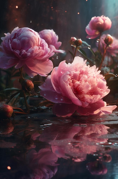 A pink peony in a puddle with raindrops on it