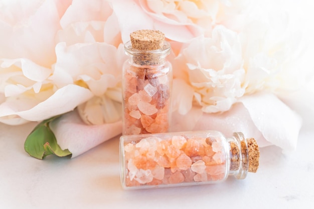 Pink Peony Rose Bath Salt Blend for Spa and Aromatherapy Selective focus