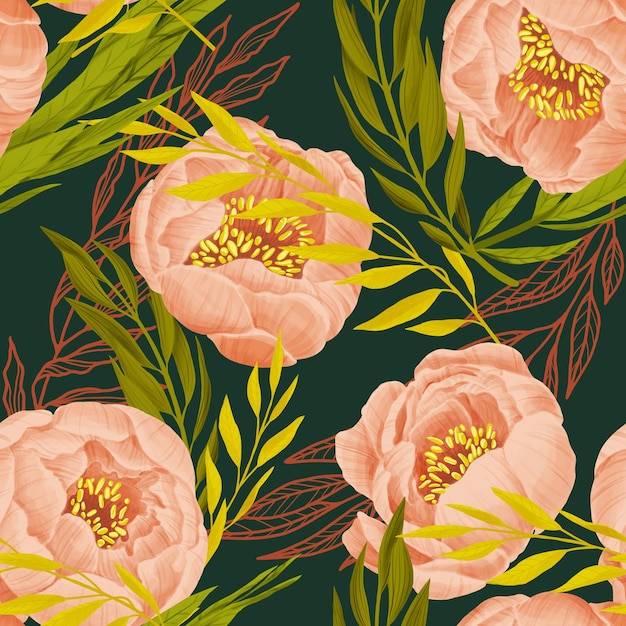 Pink peony seamless print Flower buds and leaves on dark green Illustration for fabric packaging