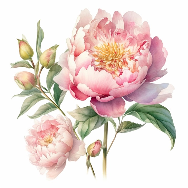 A pink peony with buds and leaves.