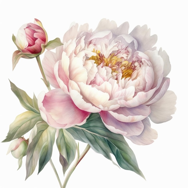 A pink peony with a green leaf on it.