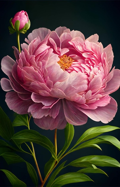 A pink peony with green leaves on a dark background