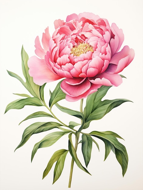 Pink peony with green leaves and a pink flower