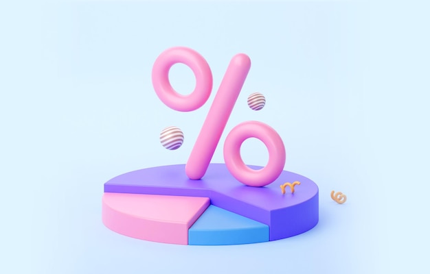 Pink Percentage sign with pie chart Concept of discount With minimal style 3d rendering image