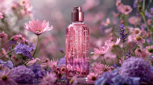 Photo pink perfume bottle amidst a floral meadow