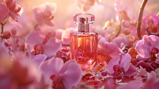 Pink Perfume Bottle Amidst Orchids