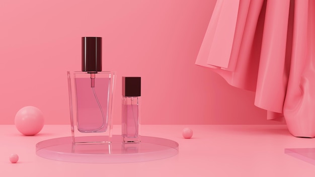 Pink perfume bottle mockup in pink background with pink curtains cosmetic ads template 3d render