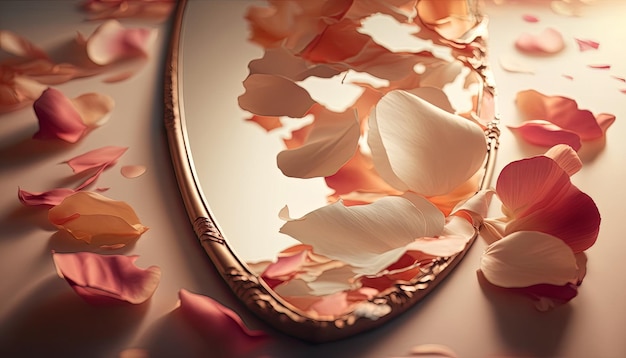 Pink petals on mirror background