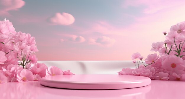 pink petals surround the edge of a stage with a blank plate