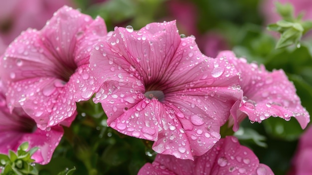 Photo pink petunias after rain