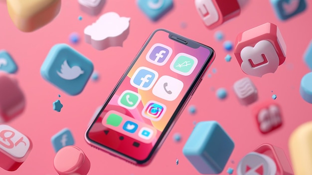 a pink phone with the facebook icon on it