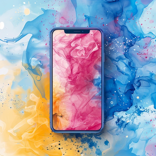 Photo a pink phone with a pink and blue background with a pink and orange splash of paint