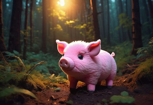 A pink pig is standing in the woods