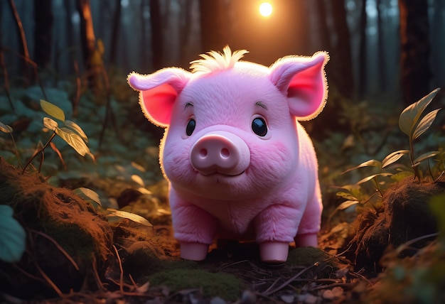 A pink pig is standing in the woods