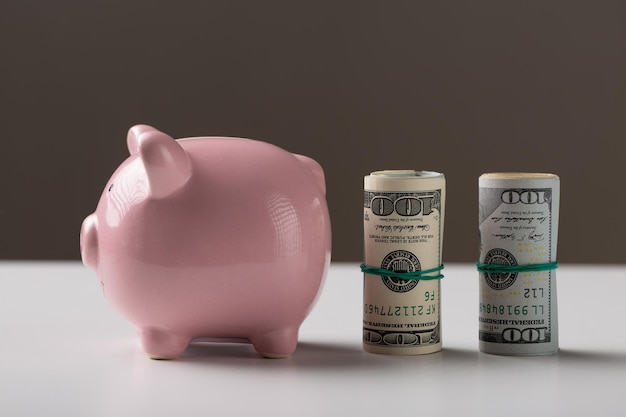 Pink pig piggy bank with American banknotes 100 dollar bills on a white background