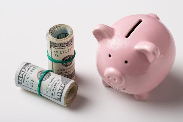 Pink pig piggy bank with American banknotes 100 dollar bills on a white background