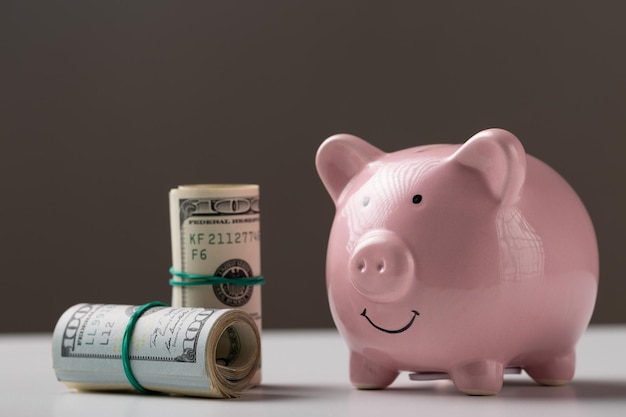 Pink pig piggy bank with American banknotes 100 dollar bills on a white background