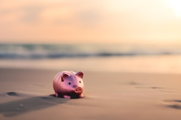 A pink piggy bank on a beach