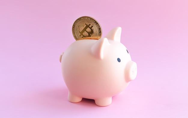 Pink piggy bank and bitcoin coin close-up