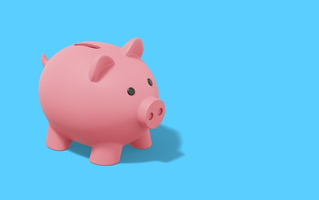 Pink piggy bank on blue background Accumulation of savings icon Banner space for text 3D rendering