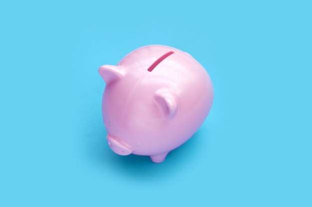 Pink piggy bank on blue background