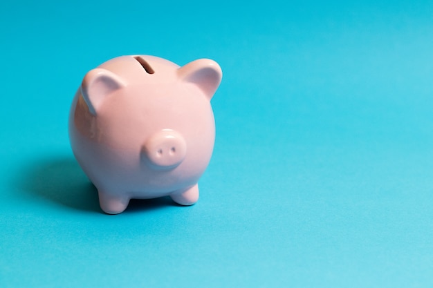 Pink piggy bank on a blue paper