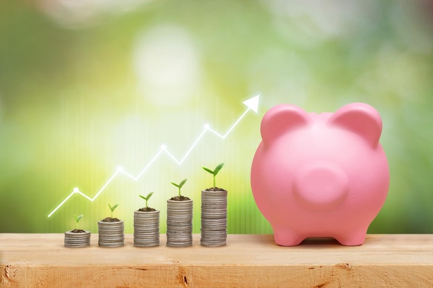 Pink piggy bank and coin stacks with plant growing on coins on wooden table with graph