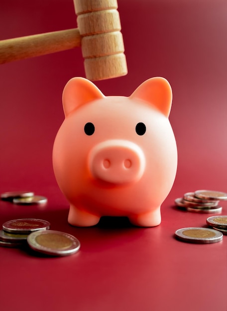 The pink piggy bank front view is about to be smashed with a wooden hammer over the coins piles on red background vertical style Savings reserved spare money and broke money concepts