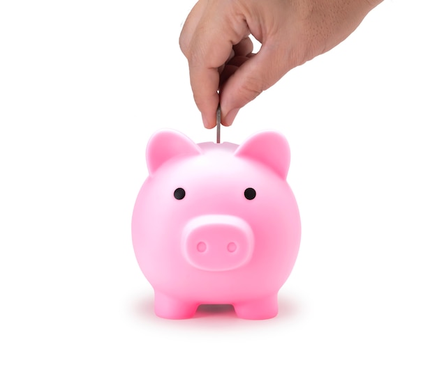 Pink piggy bank for save coin isolate with clip path for di cut. Front view of Pig doll for saving money realistic photo image on white background.