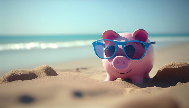 Pink piggy bank saving with sunglasses on beach sand background on a vacation sunny day