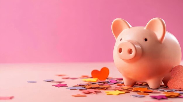 A pink piggy bank sits on a pink background surrounded by colorful hearts and stars symbolizin