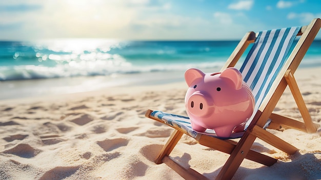 Photo pink piggy bank sitting on a beach chair on the sand with blue water and a blue sky in the background