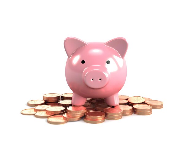 pink piggy bank smiling and gold coins for saving money and financial concepts with clipping part