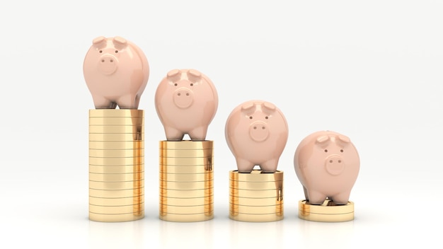 Pink piggy bank and Stacks of money coins isolated over the white background