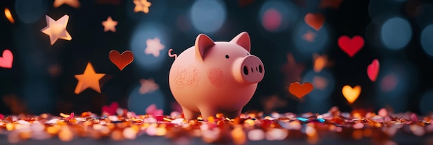 A pink piggy bank stands on a bed of confetti surrounded by falling stars and hearts symboliz