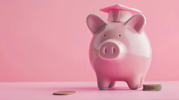 A pink piggy bank wearing a graduation cap symbolizes saving for education financial planning